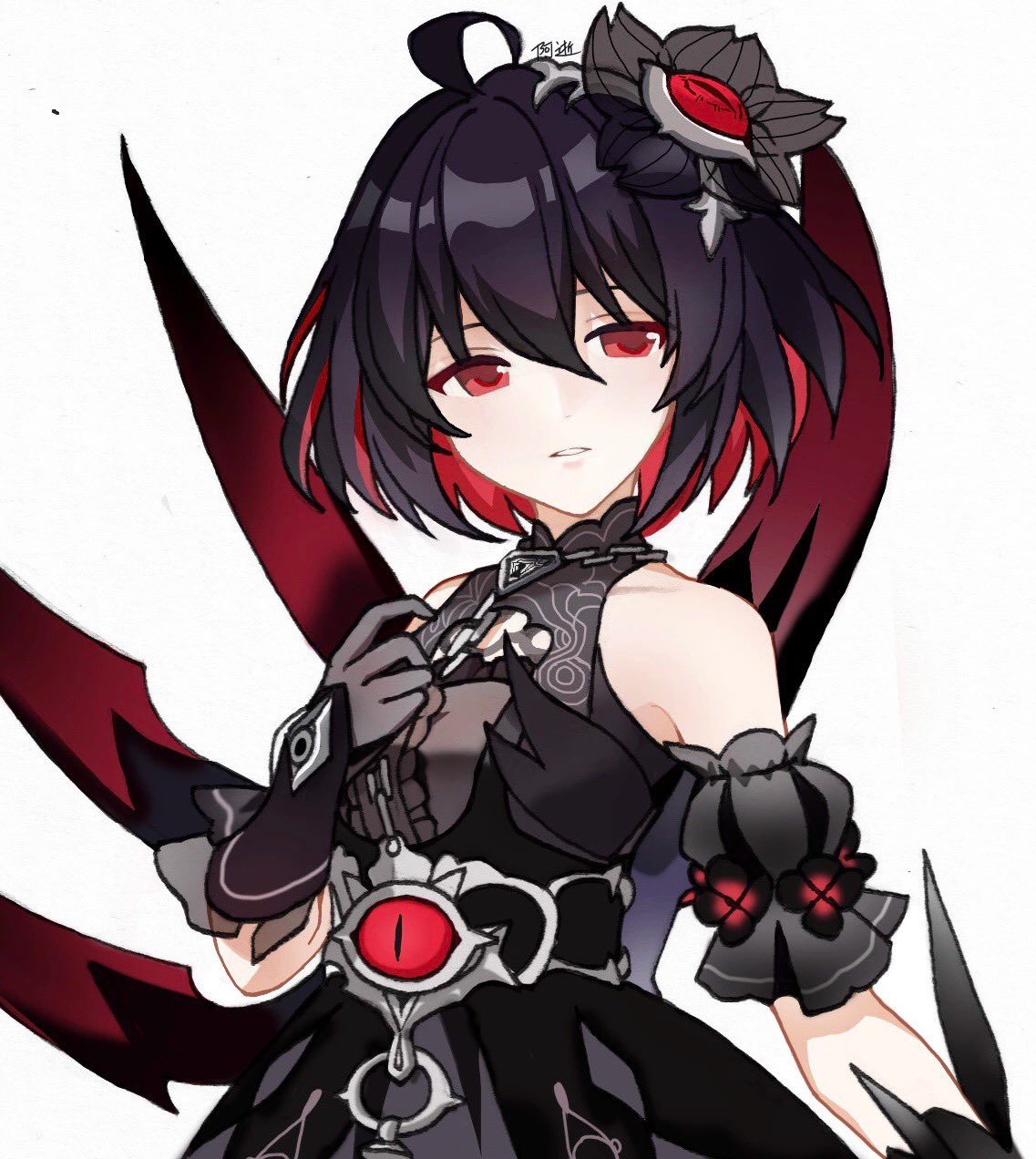 1girl ashi_(dongshi389) black_flower black_gloves black_hair colored_inner_hair detached_sleeves flower gloves hair_flower hair_ornament highres honkai_(series) honkai_impact_3rd looking_to_the_side multicolored_hair parted_lips puffy_detached_sleeves puffy_short_sleeves puffy_sleeves red_eyes redhead seele_(alter_ego) seele_vollerei seele_vollerei_(stygian_nymph) short_hair short_sleeves solo upper_body vambraces