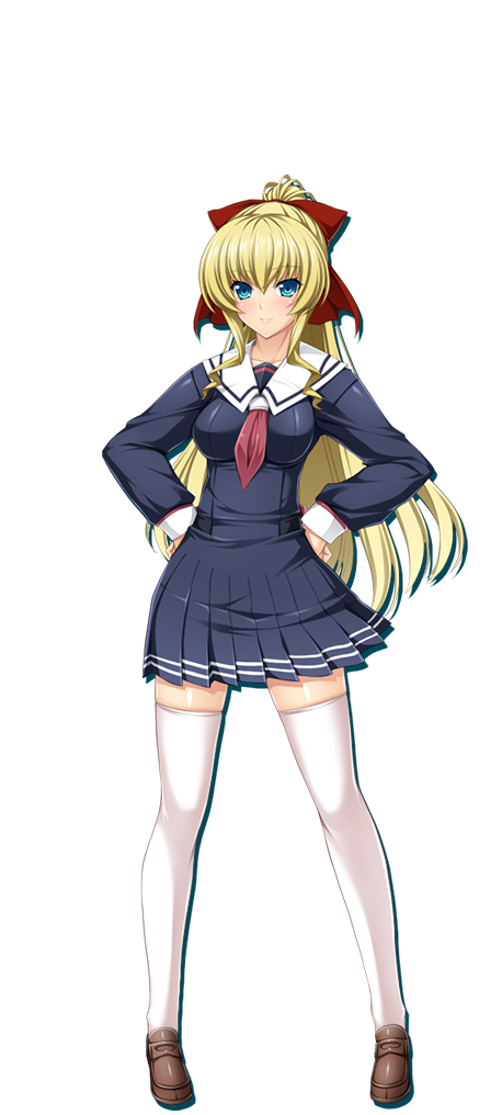 1girl aqua_eyes blonde_hair blush bow brown_footwear dress hair_bow hands_on_own_hips high_ponytail inoino kouyoku_senki_exs-tia legs_apart lusterise neckerchief pleated_dress ponytail red_bow red_neckerchief rieszverne_suzette_paladill sailor_collar school_uniform simple_background solo standing tachi-e thigh-highs white_background white_sailor_collar white_thighhighs zettai_ryouiki