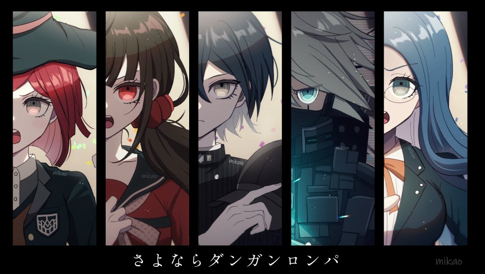 2boys 3girls android baseball_cap black_border black_hat black_jacket black_mask black_sailor_collar black_sleeves blazer blue_eyes blue_hair blunt_bangs blunt_ends border bow bowtie breasts brown_eyes brown_hair brown_vest buttons closed_mouth collar collared_jacket collared_shirt colored_inner_hair commentary covered_mouth crest danganronpa_(series) danganronpa_v3:_killing_harmony debris eyelashes fingernails frown glasses grey_collar grey_shirt hair_between_eyes hair_ornament hair_scrunchie hand_on_own_chest harukawa_maki hat holding holding_clothes holding_hat jacket k1-b0 large_breasts light_particles long_hair long_sleeves low_ponytail mask mikao_(eanv5385) mouth_mask multicolored_hair multiple_boys multiple_girls open_mouth orange_bow orange_bowtie pinstripe_jacket pinstripe_pattern polka_dot_bowtie red_scrunchie red_shirt red_sleeves redhead round_eyewear saihara_shuichi sailor_collar sailor_shirt scrunchie shirogane_tsumugi shirt short_hair signature spoilers teeth translated upper_body upper_teeth_only v-shaped_eyebrows v-shaped_eyes vest white_background white_bow white_bowtie white_collar white_hair witch_hat yellow_eyes yumeno_himiko