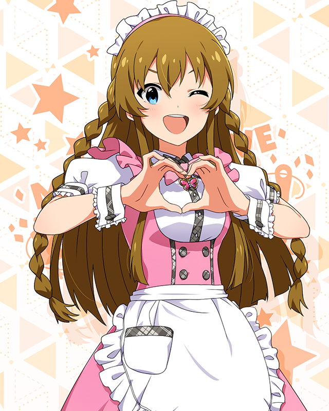 1girl :d apron blush bow bowtie braid breasts brown_hair butterfly_ornament dot_nose dress frilled_apron frilled_skirt frills hair_between_eyes hair_over_shoulder heart heart_hands idolmaster idolmaster_million_live! idolmaster_million_live!_theater_days kousaka_umi long_hair maid_headdress official_alternate_costume official_art one_eye_closed open_mouth pink_bow pink_bowtie pink_dress pretty_waitress_(idolmaster) puffy_short_sleeves puffy_sleeves shirt short_sleeves sidelocks skirt small_breasts smile solo standing starry_background straight-on straight_hair teeth thigh-highs twin_braids upper_body v-shaped_eyebrows waist_apron waitress white_apron white_shirt white_thighhighs wrist_cuffs