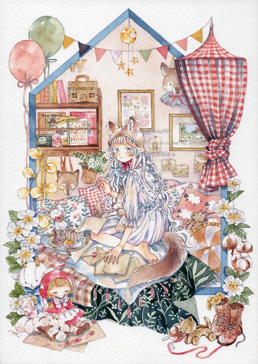 1girl animal_ears artist_name balloon barefoot blue_eyes book boots brown_footwear cake cup curtains doll dress envelope flower food fruit hat highres hntaa holding holding_quill hood letter long_hair looking_at_viewer original painting_(medium) painting_(object) paper pennant picture_frame pillow plaid plaid_curtains plant quill shelf shoes sitting soles solo star_(symbol) string_of_flags stuffed_animal stuffed_goat stuffed_toy tail teacup traditional_media twitter_username unworn_boots watercolor_(medium) watermark wavy_hair white_dress white_flower white_hair window wolf_ears wolf_tail