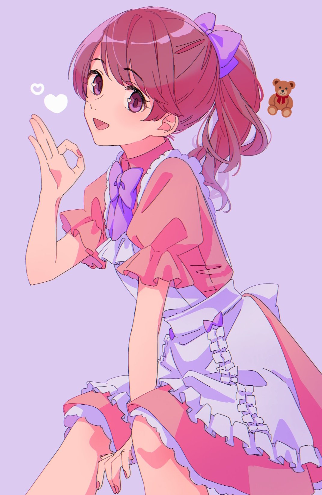 1girl apron blush bow bowtie breasts brown_eyes brown_hair dress frilled_apron frills from_side hair_bow hair_ribbon hdksz_39 heart highres idolmaster idolmaster_cinderella_girls idolmaster_cinderella_girls_starlight_stage invisible_chair long_hair looking_at_viewer ok_sign open_mouth pink_dress ponytail puffy_short_sleeves puffy_sleeves purple_background purple_bow purple_bowtie purple_ribbon ribbon shiina_noriko short_sleeves simple_background sitting small_breasts smile solo stuffed_animal stuffed_toy teddy_bear waist_bow white_apron white_bow