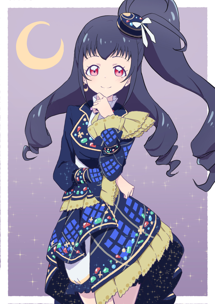 1girl black_dress black_hair border cbgb closed_mouth cowboy_shot crescent dress hand_up hat kagayaki_eve kiratto_pri_chan long_hair long_sleeves looking_at_viewer mini_hat outside_border pretty_series purple_background red_eyes ringlets smile solo standing very_long_hair white_border