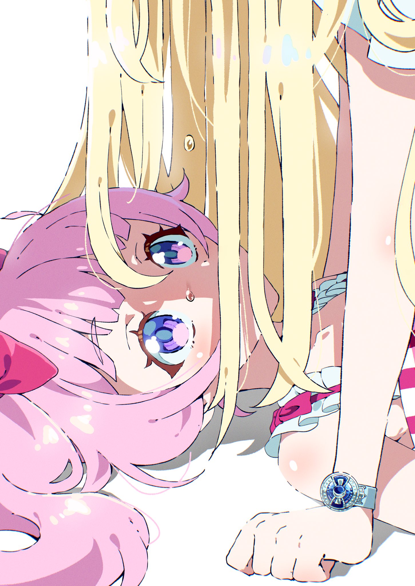 2girls aozora_himari arm_support blonde_hair blunt_bangs bracelet commentary_request crying head_out_of_frame highres himitsu_no_aipri hoshikawa_mitsuki jewelry long_hair looking_at_another looking_up lying multiple_girls on_back pink_hair pretty_series simple_background tears tsujii_luki upper_body violet_eyes white_background yukadon