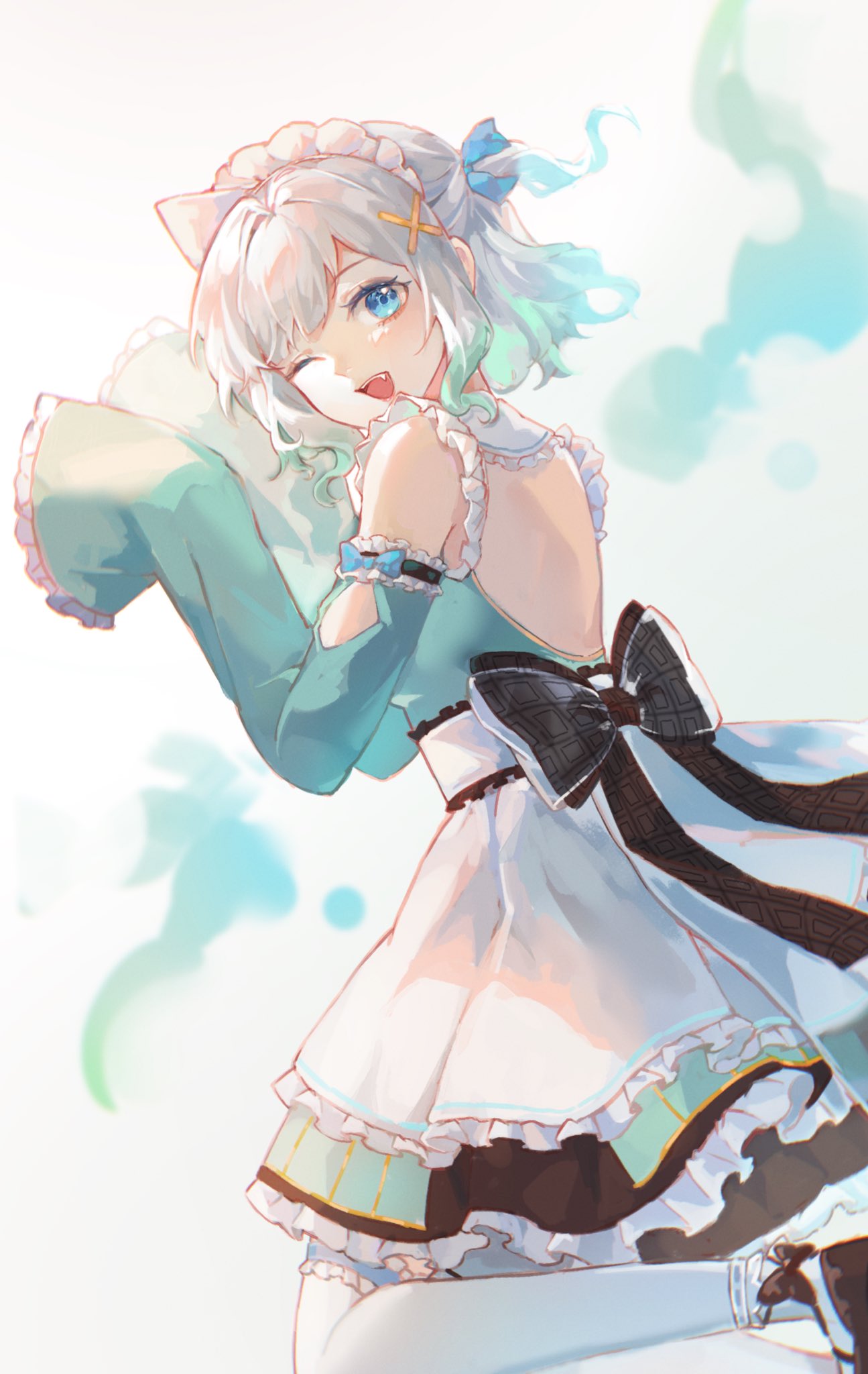 1girl blue_eyes detached_sleeves dress frills ghost_girl ghost_hair_ornament gradient_hair green_dress green_hair hair_ornament highres indie_virtual_youtuber long_sleeves maid maid_headdress mint_fantome multicolored_hair open_mouth simple_background sleeves_past_fingers sleeves_past_wrists smile solo ukaria virtual_youtuber white_background white_hair x_hair_ornament