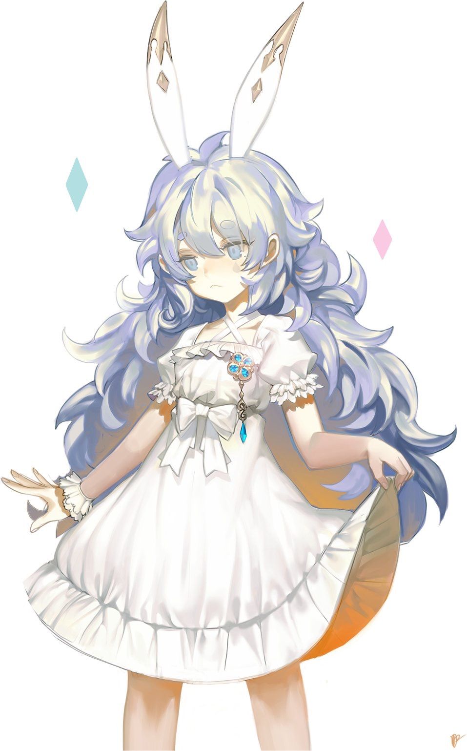 1girl animal_ears bad_id bad_twitter_id blue_eyes blue_hair bow closed_mouth cowboy_shot curly_hair diamond_(shape) dp_(dapang106) dress frilled_sleeves frills grey_eyes hair_between_eyes highres long_hair original puffy_short_sleeves puffy_sleeves rabbit_ears short_sleeves signature simple_background skirt_hold solo standing thick_eyebrows very_long_hair white_background white_bow white_dress wrist_cuffs