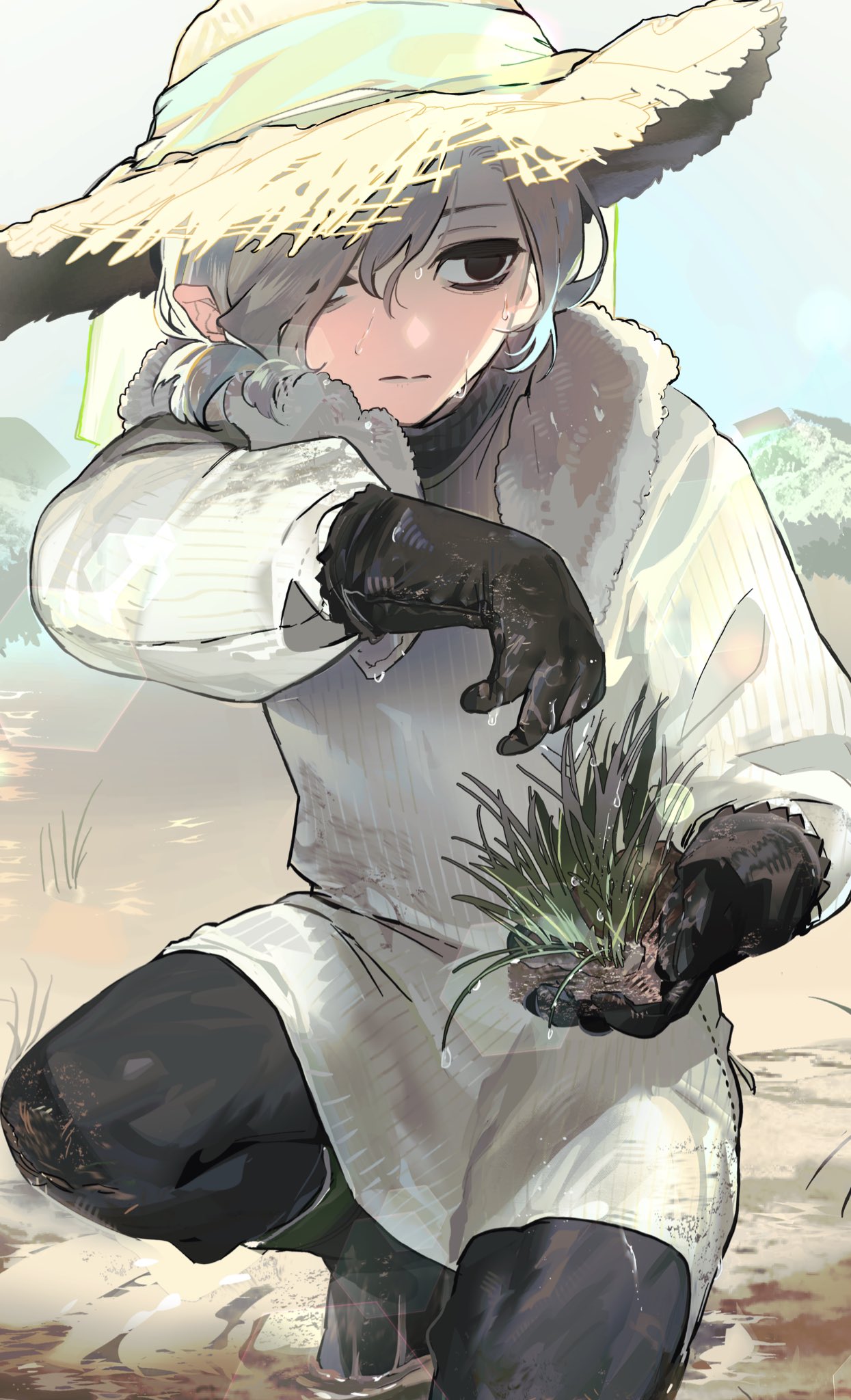 1boy black_eyes black_gloves boots dungeon_meshi elf full_body gapamopa gloves grey_hair hair_over_one_eye hat highres kneeling long_sleeves male_focus medium_hair mithrun pointy_ears rubber_boots rubber_gloves solo straw_hat sweat towel towel_around_neck