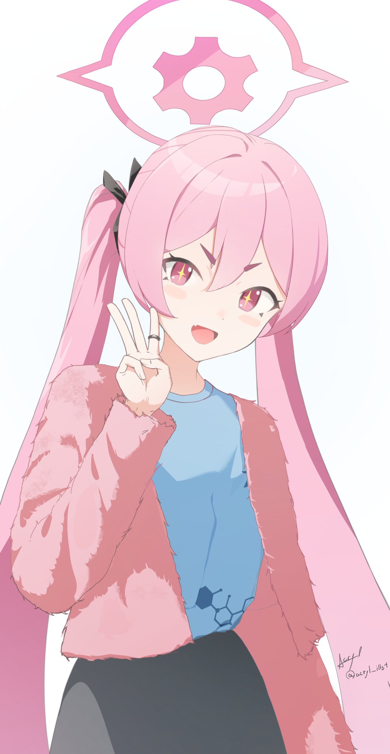 +_+ 1girl :d absurdres acryl_(acryl_illust) black_skirt blue_archive blue_shirt blush_stickers commentary_request fang fur_jacket hair_between_eyes halo hand_up highres jacket koyuki_(blue_archive) long_hair looking_at_viewer open_clothes open_jacket pink_hair pink_jacket red_eyes shirt short_eyebrows signature simple_background skirt smile solo thick_eyebrows twintails twitter_username v-shaped_eyebrows very_long_hair w white_background