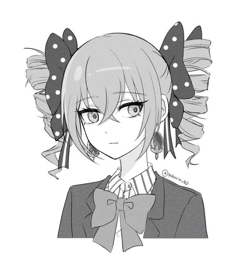 1girl bow bronya_zaychik bronya_zaychik_(wolf's_dawn) closed_mouth collared_shirt commentary cropped_torso dress_shirt drill_hair earrings greyscale hair_between_eyes hair_bow honkai_(series) honkai_impact_3rd jacket jewelry monochrome open_clothes open_jacket polka_dot polka_dot_bow shirt simple_background solo striped_clothes striped_shirt twin_drills twintails twitter_username vertical-striped_clothes vertical-striped_shirt white_background yuhuria_52