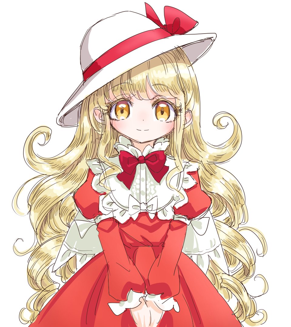 1girl aged_down alternate_hair_length alternate_hairstyle blonde_hair bow capelet commentary_request dress elly_(touhou) frilled_sleeves frills hat hat_bow long_hair long_sleeves red_bow red_dress red_ribbon ribbon s-a-murai smile solo touhou touhou_(pc-98) very_long_hair white_background white_capelet white_hat yellow_eyes