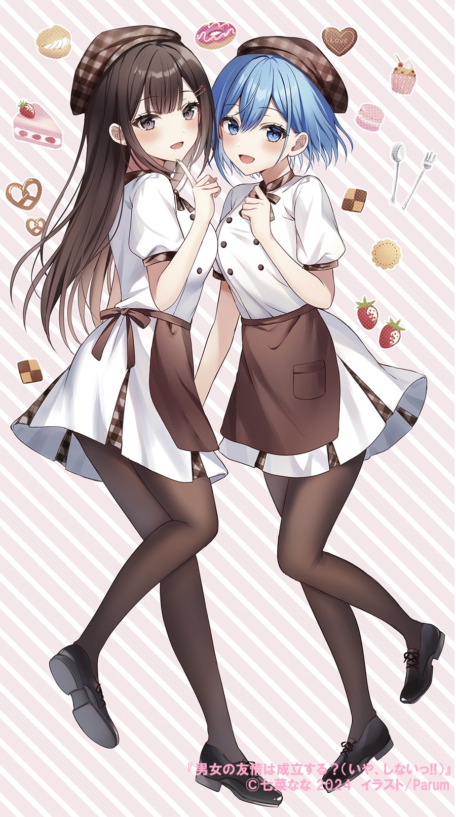 2girls :d apron artist_name beret black_eyes black_footwear black_hair black_pantyhose blue_eyes blue_hair blush breasts brown_apron brown_beret brown_collar brown_ribbon cake checkerboard_cookie clenched_hand collar commentary_request cookie copyright_name copyright_notice cupcake danjo_no_yuujou_wa_seiritsu_suru? doughnut enomoto_rion food fork fruit hair_between_eyes hair_ornament hairclip hand_up hat highres index_finger_raised inuzuka_himari knee_up large_breasts long_hair looking_at_viewer looking_to_the_side macaron multiple_girls neck_ribbon open_mouth pantyhose parum39 pink_background pink_macaron pretzel raised_eyebrows ribbon short_hair smile snack spoon strawberry striped_background striped_collar translation_request valentine waist_apron white_stripes