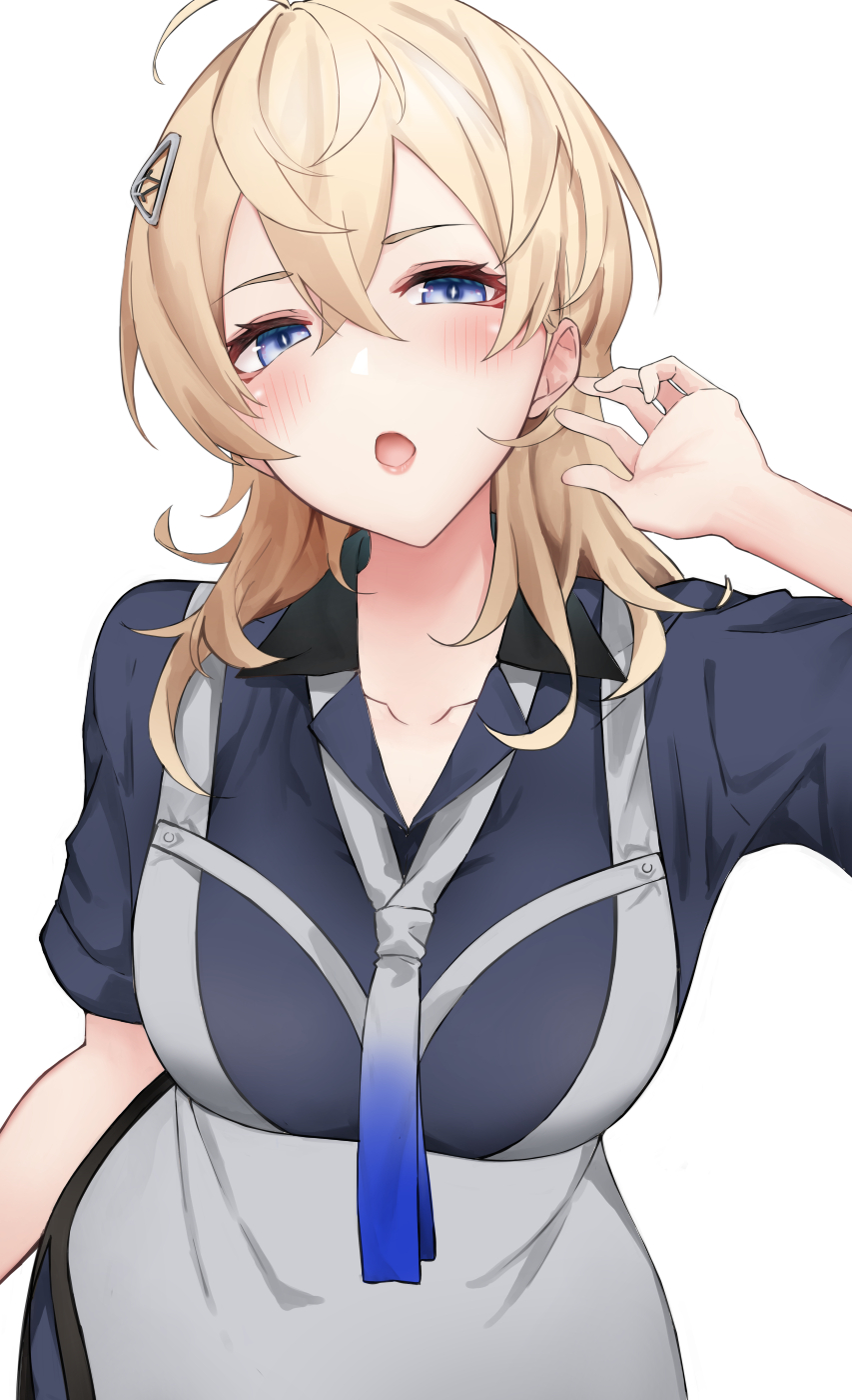 1girl black_dress black_skirt blonde_hair blue_eyes blue_necktie blue_shirt blush breasts collarbone collared_shirt dress grey_dress grey_necktie hair_ornament hairclip highres kamidanomi kantai_collection large_breasts long_hair looking_at_viewer necktie open_mouth shirt short_sleeves simple_background skirt solo tuscaloosa_(kancolle) white_background