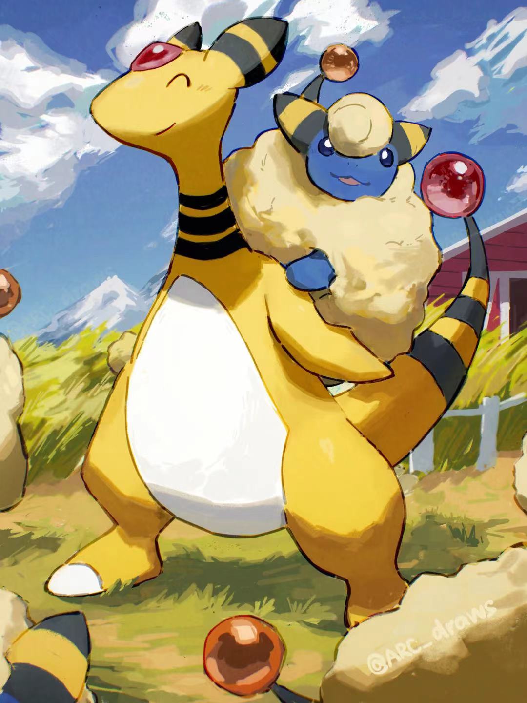 ampharos arc_draws blue_skin closed_eyes clouds colored_skin evolutionary_line farm fluffy forehead_jewel grass highres mareep no_humans outdoors pokemon pokemon_(creature) sheep twitter_username