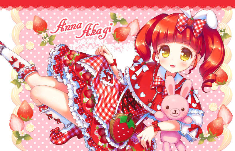 1girl :d akagi_anna bad_id bad_pixiv_id blunt_bangs blush bow capelet character_name dress food food_print frilled_dress frills fruit full_body hair_bow holding holding_stuffed_toy kiratto_pri_chan long_hair looking_at_viewer open_mouth pink_background plaid plaid_dress pretty_series red_bow red_capelet red_dress red_footwear redhead sakura_puchirou shoes skirt_hold smile socks solo strawberry strawberry_print stuffed_animal stuffed_rabbit stuffed_toy twintails white_socks yellow_eyes