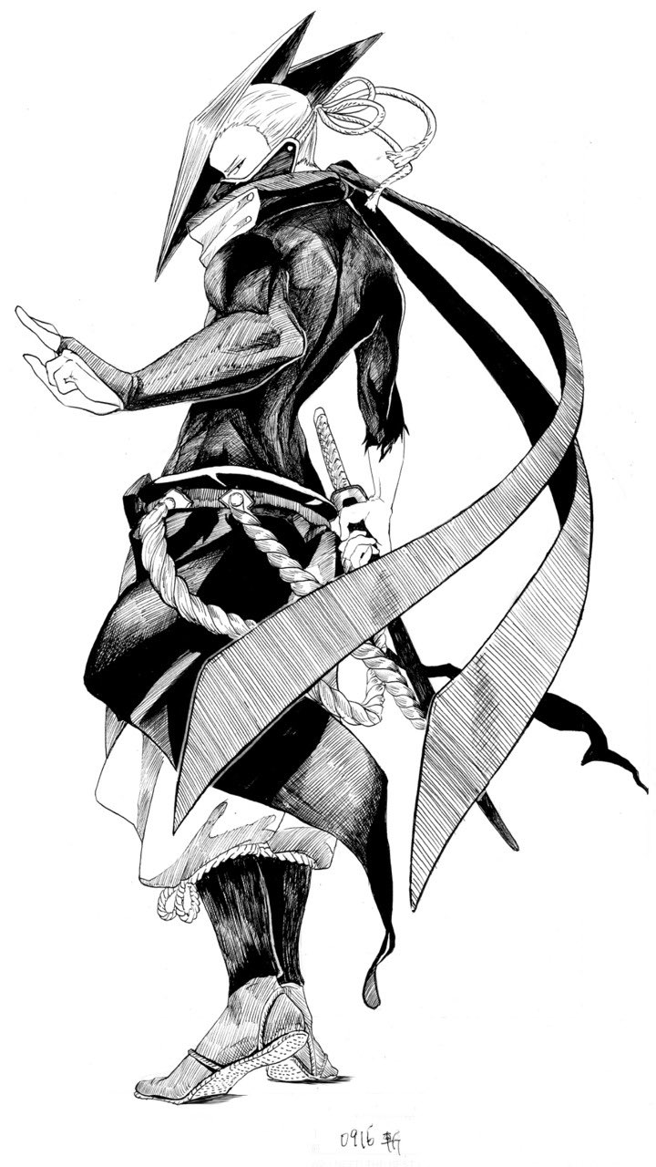 1boy boku_no_hero_academia bridal_gauntlets commentary_request crosshatching edgeshot from_side full_body greyscale hatching_(texture) headgear highres holding holding_sheath jin_(funaki_gen) male_focus mask monochrome scarf sheath sheathed solo sword toned toned_male weapon