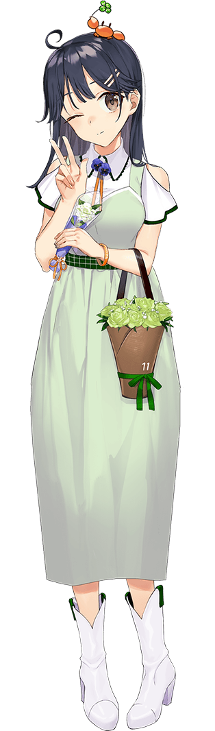 1girl ahoge alternate_costume animal black_hair brown_eyes bucket crab crab_on_head drew_(drew213g) flower full_body green_flower green_rose holding kantai_collection long_hair official_art one_eye_closed open_mouth pet rose short_sleeves smile solo tachi-e third-party_source transparent_background ushio_(11th_anniversary)_(kantai_collection) ushio_(kancolle) v white_flower white_footwear wristband