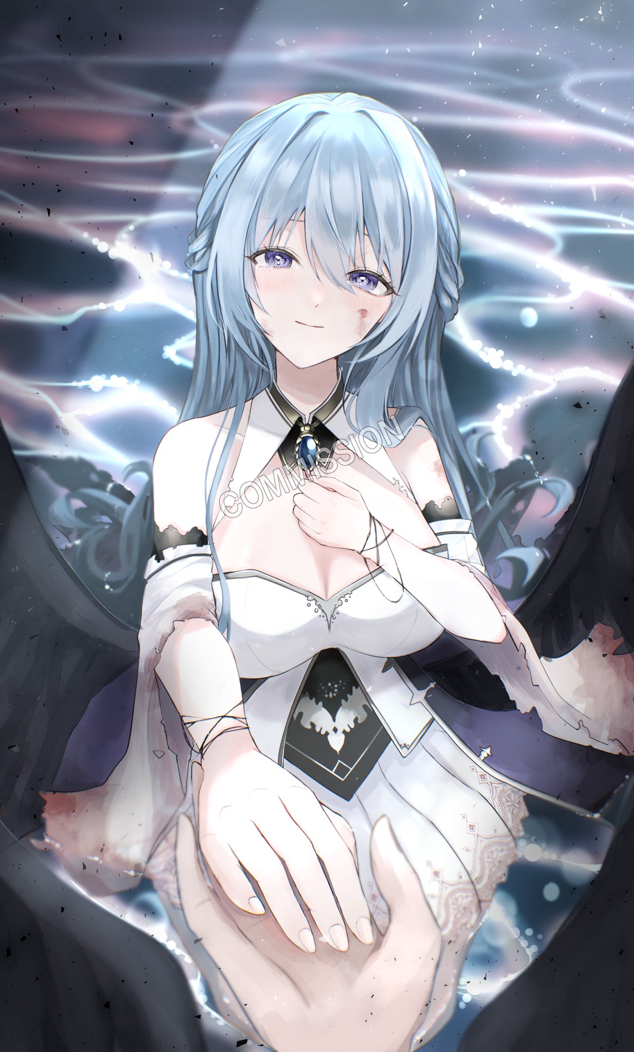 1girl azur_lane bare_shoulders black_wings blue_hair blush closed_mouth commander_(azur_lane) commission dress feathered_wings hand_on_own_chest happy_tears highres holding_hands long_hair looking_at_viewer rodney_(azur_lane) rodney_(meta)_(azur_lane) skeb_commission smile suyosuyo tears violet_eyes water white_dress wings