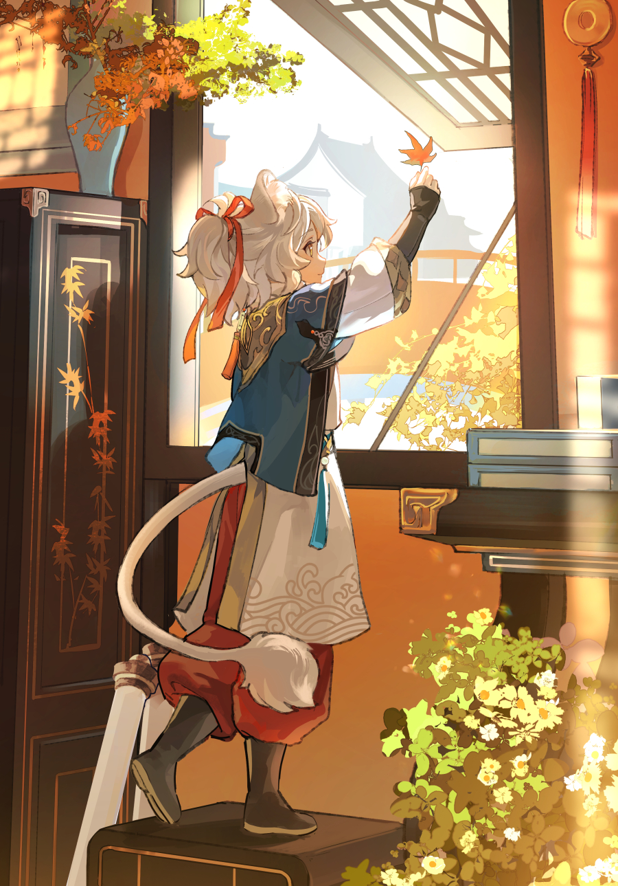 1boy aged_down animal_ears architecture arm_up autumn_leaves black_footwear black_sleeves blue_vest book book_stack boots child chinese_clothes cyotsy day east_asian_architecture from_behind from_side full_body grey_hair hair_ribbon highres holding holding_leaf honkai:_star_rail honkai_(series) indoors jing_yuan layered_sleeves leaf long_sleeves looking_ahead male_focus maple_leaf pants pants_tucked_in ponytail red_pants red_ribbon ribbon sash scroll shirt smile standing standing_on_one_leg sunlight tail tassel vase vest white_shirt window