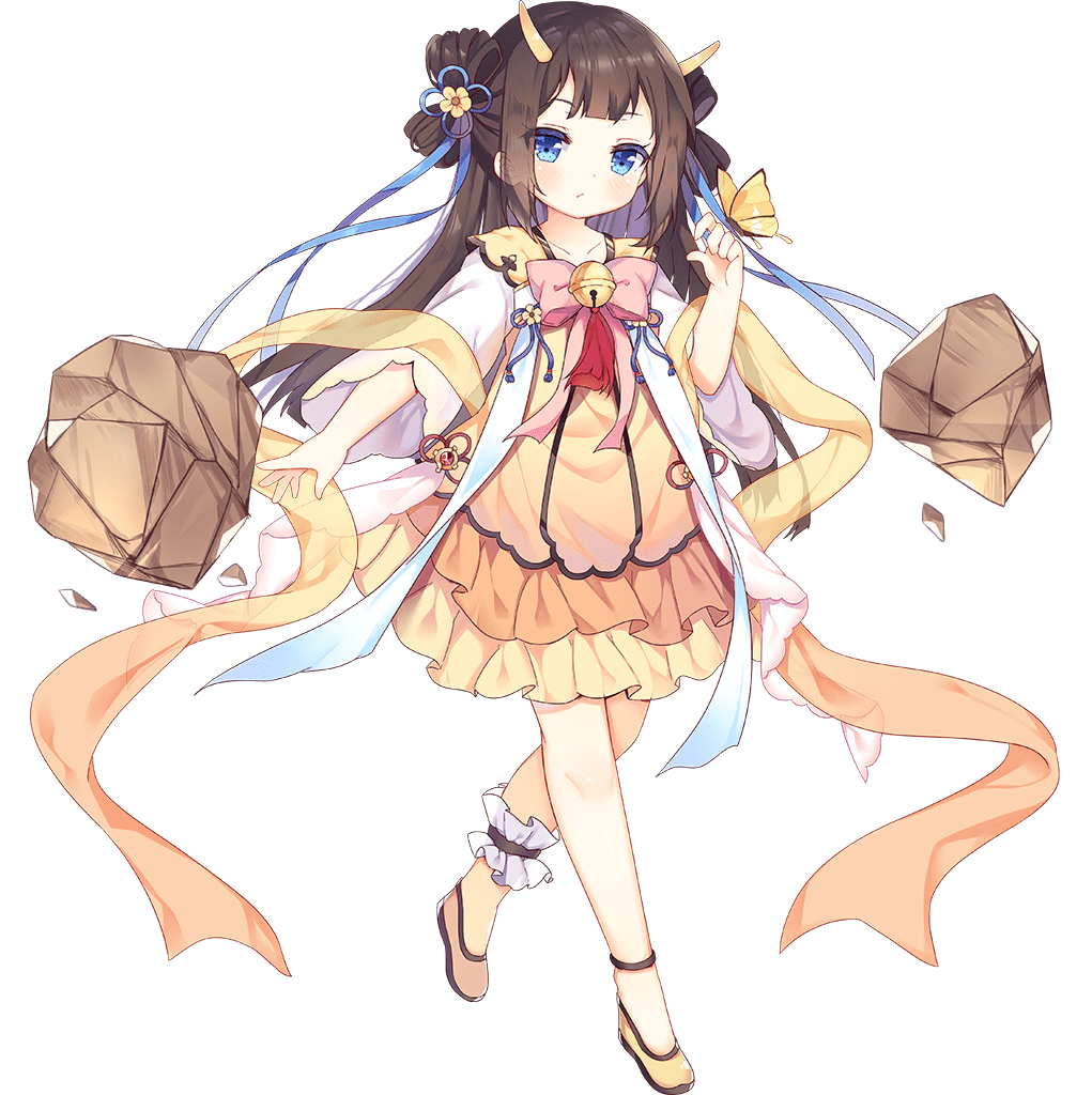 1girl ark_order bell blue_eyes bow bracelet branch bridal_garter brown_hair bug butterfly butterfly_on_hand chimi-mouryou_(ark_order) dragon_horns dress flats full_body hagoromo horns jewelry jingle_bell long_sleeves looking_at_viewer official_art pink_bow rock shawl sidelocks solo tachi-e transparent_background tsukimi_(xiaohuasan) two_side_up variant_set wide_sleeves yellow_dress yellow_footwear