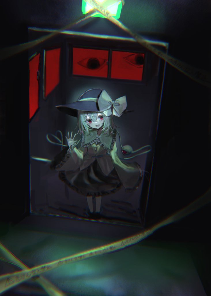 1girl :d alternate_eye_color arm_at_side black_hat blush bow caution_tape commentary dark doorway frilled_shirt_collar frilled_skirt frilled_sleeves frills green_hair green_skirt hand_up hat hat_bow heart heart_of_string horror_(theme) huge_bow komeiji_koishi medium_hair open_mouth red_eyes shirt skirt sleeves_past_wrists smile solo stairs standing third_eye touhou waving wide_shot wide_sleeves window yellow_bow yellow_shirt yumeno_ruruka