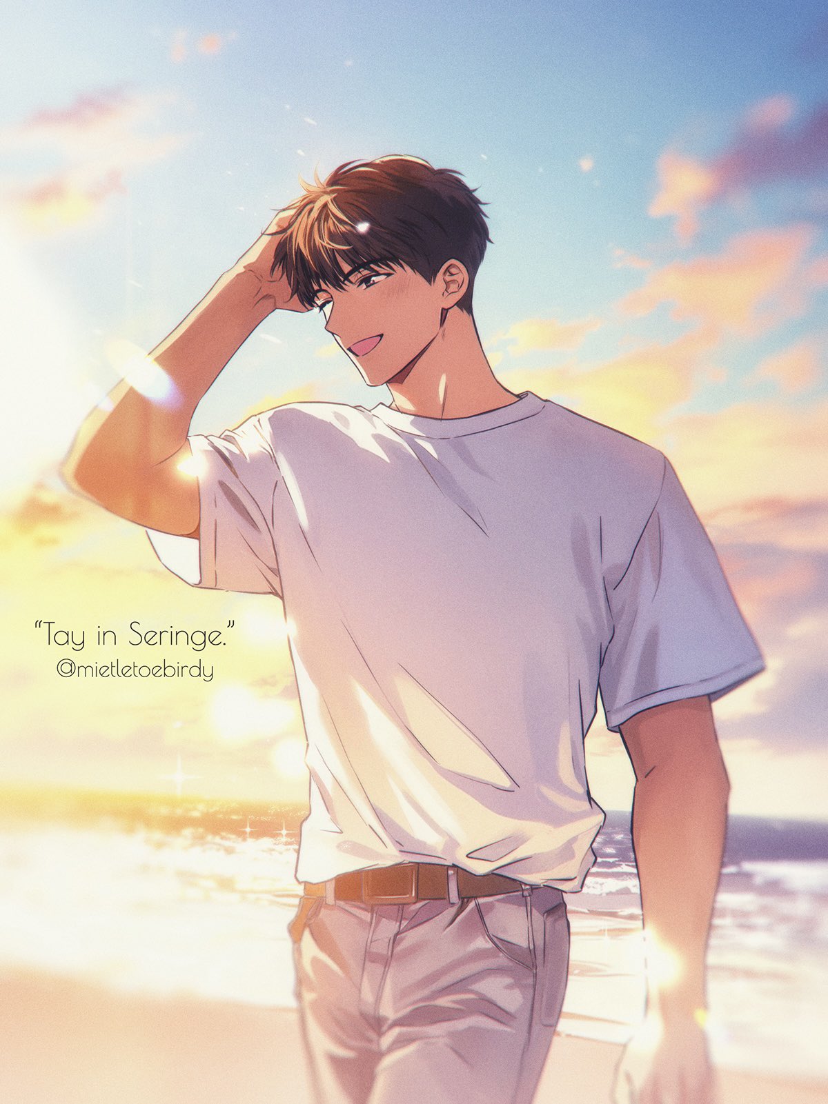 1boy beach belt blue_pants brown_eyes brown_hair clouds cowboy_shot denim english_text gradient_sky hand_in_own_hair highres horizon jeans jeong_taeui light_blush male_focus mistletoebirdy ocean official_style one_eye_closed open_mouth pants passion_(manhwa) shirt short_sleeves sky smile solo white_shirt