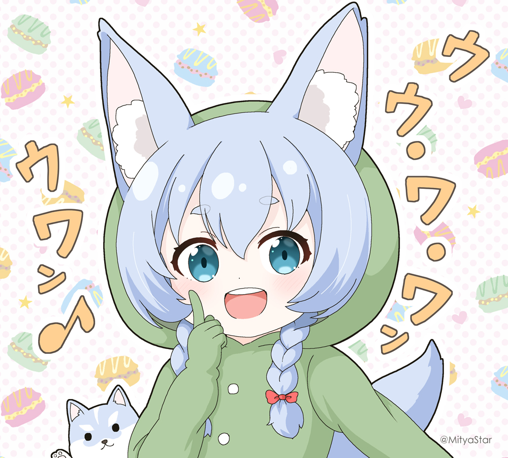 1girl :d animal animal_ear_fluff animal_ears blue_eyes blue_hair bow braid commentary_request hair_bow hand_up hood hood_up index_finger_raised koyomi_(shironeko_project) long_hair looking_at_viewer low_twintails mitya onesie outline polka_dot polka_dot_background red_bow round_teeth shironeko_project short_eyebrows smile tail tarou_(shironeko_project) teeth thick_eyebrows translation_request twin_braids twintails twitter_username upper_body upper_teeth_only white_background white_outline wolf wolf_ears wolf_girl wolf_tail