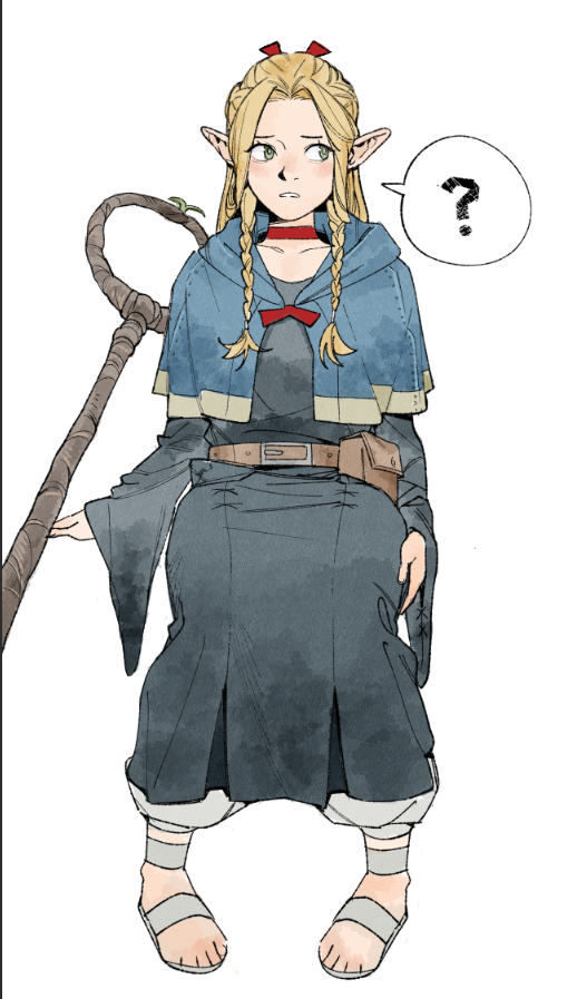 1girl ? ambrosia_(dungeon_meshi) belt blonde_hair bludraws blue_capelet braided_sidelock capelet choker collarbone commentary dress dungeon_meshi elf english_commentary facing_viewer full_body green_eyes grey_dress long_hair looking_to_the_side marcille_donato parted_lips pointy_ears red_choker sandals simple_background sitting solo speech_bubble waist_bag white_background wide_sleeves