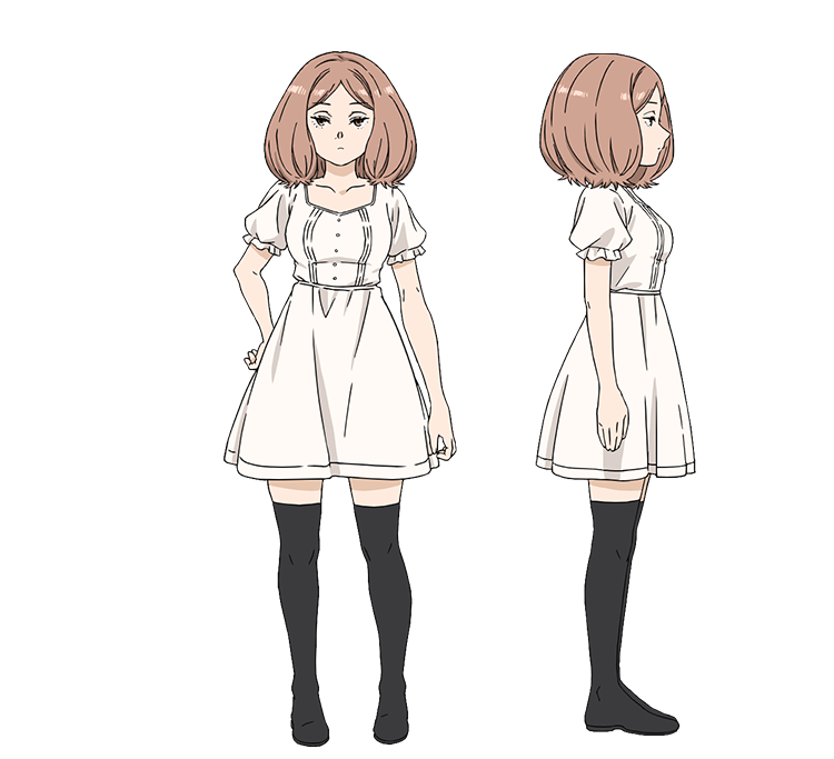 1girl black_footwear boots brown_hair dress edel_(sousou_no_frieren) expressionless from_side full_body medium_hair official_art profile puffy_short_sleeves puffy_sleeves reference_sheet short_sleeves sousou_no_frieren straight-on thigh_boots transparent_background white_dress