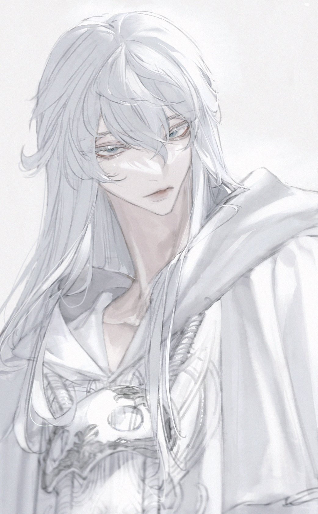 1boy blue_eyes closed_mouth head_tilt highres long_hair looking_at_viewer male_focus mask mask_around_neck simple_background solo sophist's_robe_(ff14) themis_(ff14) tladpwl03 upper_body white_background white_hair white_theme
