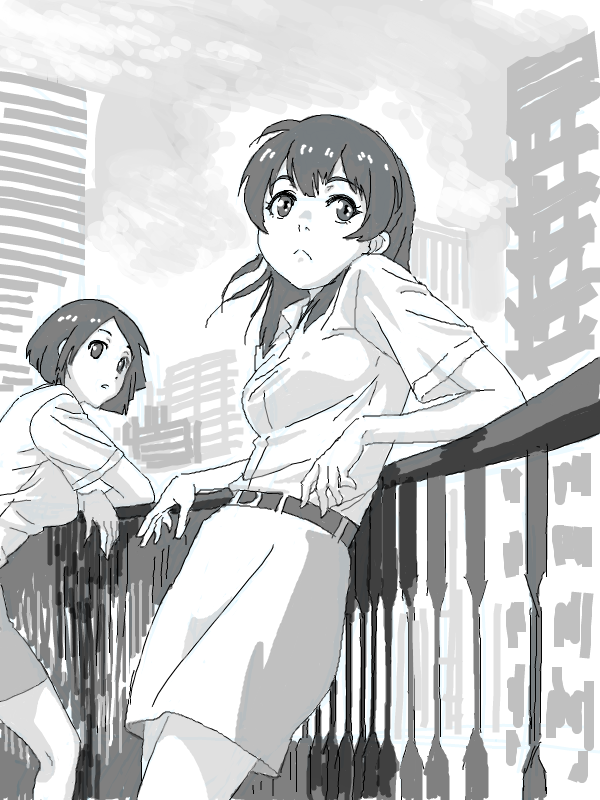 2girls :&lt; against_railing bad_drawr_id bad_id belt building character_request closed_mouth clouds copyright_request francine_(daijaemon) greyscale leaning long_hair looking_at_viewer monochrome multiple_girls oekaki outdoors parted_lips pencil_skirt railing shirt short_hair short_sleeves skirt sky skyscraper standing