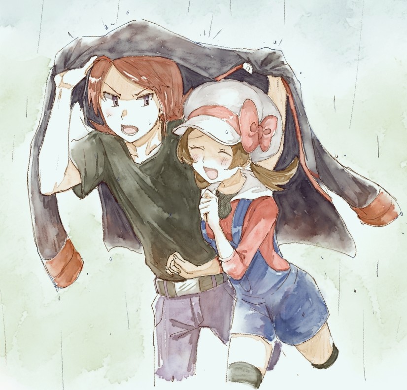 1boy 1girl :d asuka_rkgk belt belt_buckle blue_overalls blush brown_hair buckle closed_eyes commentary_request grey_eyes hat holding holding_clothes holding_jacket improvised_umbrella jacket lower_teeth_only lyra_(pokemon) open_mouth outdoors overalls pants pokemon pokemon_hgss rain redhead shirt short_sleeves silver_(pokemon) smile sweatdrop t-shirt teeth thigh-highs twintails white_hat