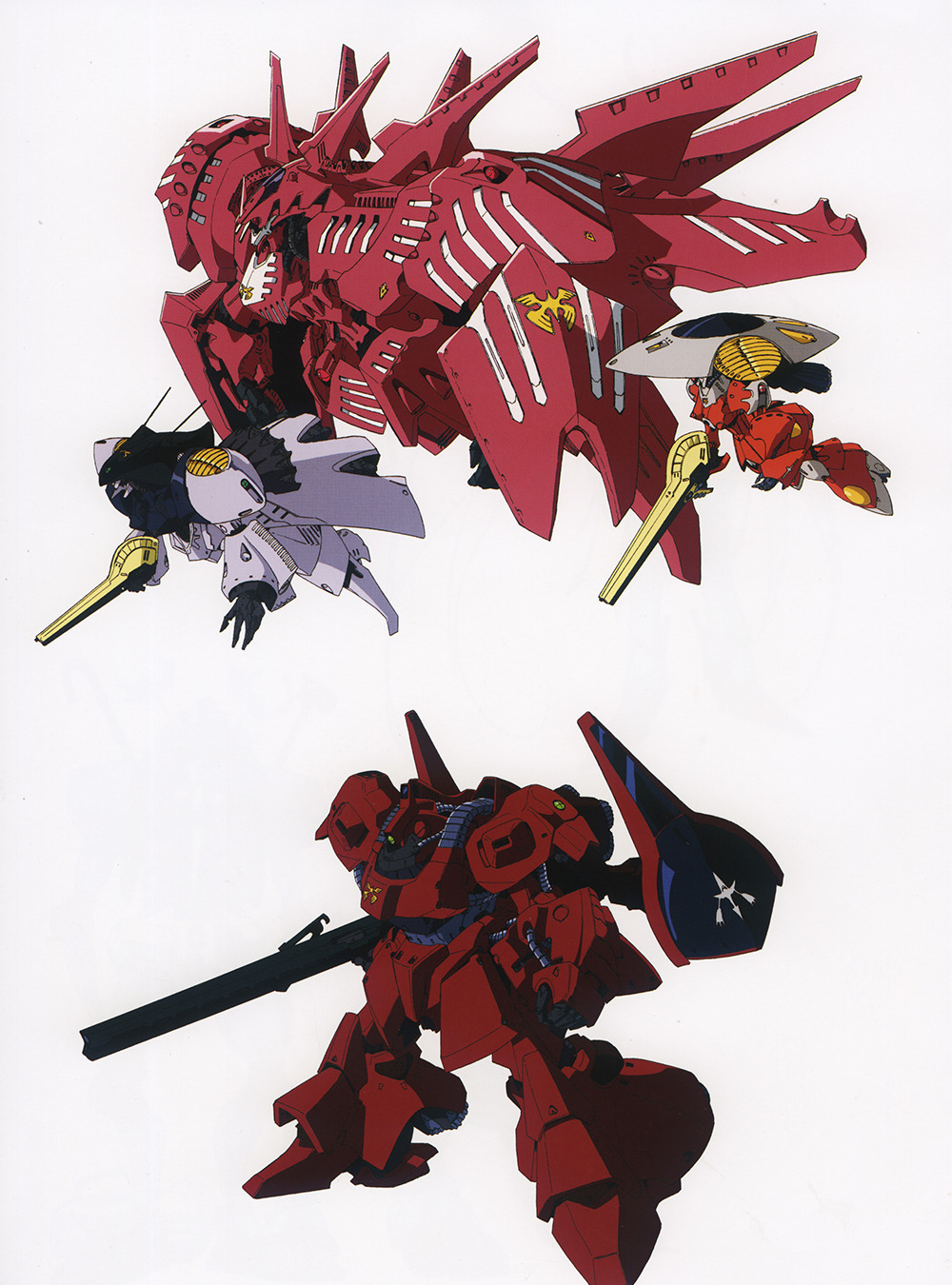1980s_(style) beam_rifle character_request concept_art energy_gun english_commentary gundam highres machinery mecha mobile_armor mobile_suit nahatgall no_humans official_art production_art retro_artstyle rick_dias robot scan science_fiction size_difference traditional_media weapon white_background zeta_gundam