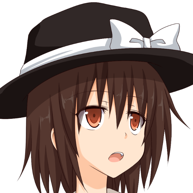 1girl bow brown_eyes brown_hair commentary_request fedora gin'you_haru hat hat_bow looking_at_viewer open_mouth portrait profile_picture short_hair simple_background solo teeth touhou upper_body upper_teeth_only usami_renko white_background white_bow