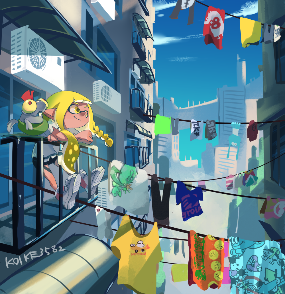 1girl air_conditioner asymmetrical_hair balcony bike_shorts black_shorts blonde_hair blue_sky braid building city closed_mouth clothes clothesline crossed_arms day in-universe_location inkling inkling_girl inkling_player_character jellyfish_(splatoon) koike3582 outdoors pointy_ears salmonid shirt short_sleeves shorts sky skyscraper smallfry_(splatoon) smile splatoon_(series) suction_cups t-shirt tentacle_hair white_shirt yellow_eyes