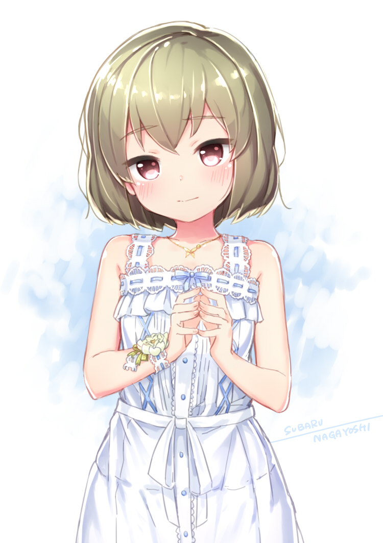1girl bare_shoulders breasts character_name collarbone cowboy_shot double-parted_bangs dress green_hair idolmaster idolmaster_million_live! idolmaster_million_live!_theater_days jewelry kuresuku_(lessons) lace-trimmed_dress lace_trim looking_at_viewer nagayoshi_subaru necklace own_hands_together pure_onepiece_(idolmaster) red_eyes ribbon-trimmed_dress short_hair shy sidelocks simple_background sleeveless small_breasts solo standing straight-on straight_hair sundress wrist_cuffs