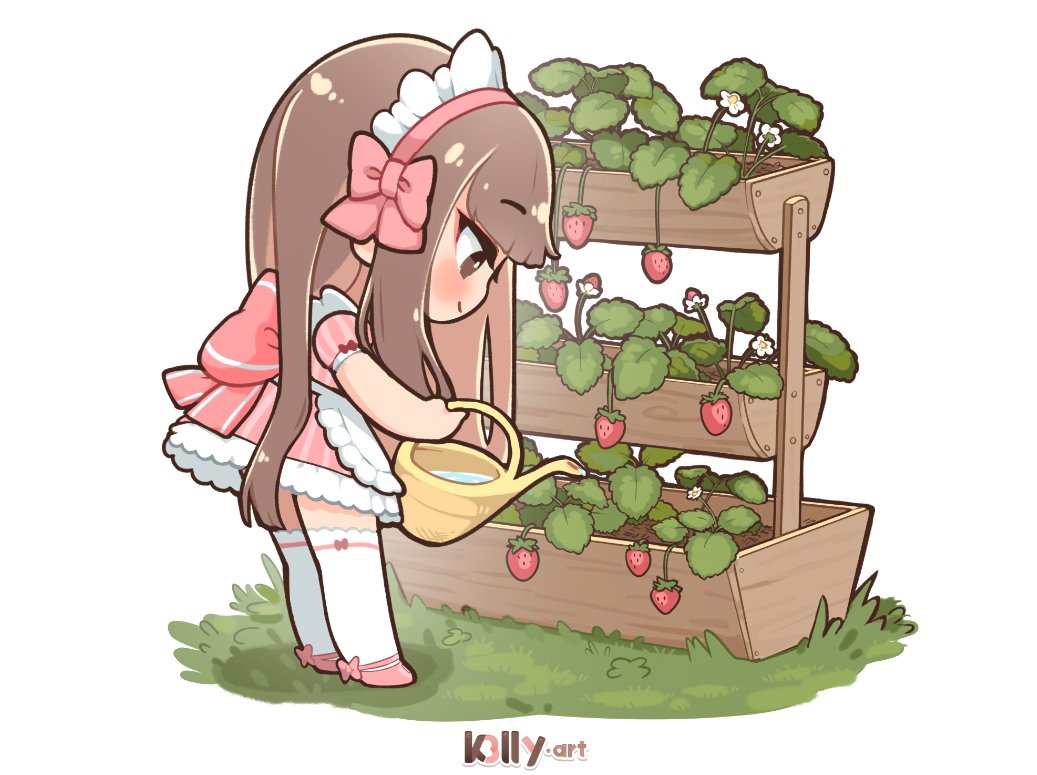 1girl angelica_(k3lly) apron artist_name back_bow blunt_bangs bow brown_eyes brown_hair chibi dress english_commentary food footwear_bow fruit grass hair_bow hairband holding holding_watering_can k3lly light_blush maid maid_apron maid_headdress original pink_bow pink_dress pink_footwear pink_hairband plant simple_background smile standing strawberry thigh-highs watering watering_can watermark white_background white_thighhighs