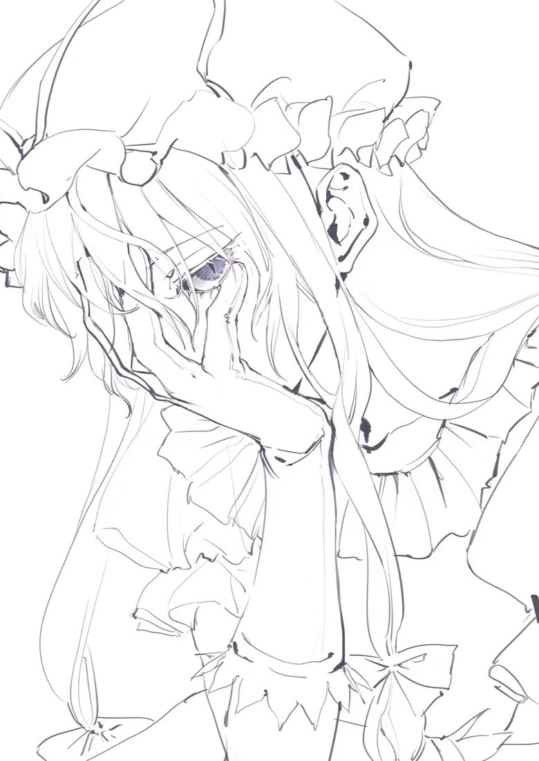 1girl covering_own_mouth dou_(doudouzi) dress elbow_gloves frilled_dress frills gloves greyscale hand_on_own_face hand_over_own_mouth hat long_hair looking_at_viewer mob_cap monochrome one_eye_covered puffy_short_sleeves puffy_sleeves short_sleeves sketch slit_pupils solo spot_color touhou upper_body violet_eyes yakumo_yukari