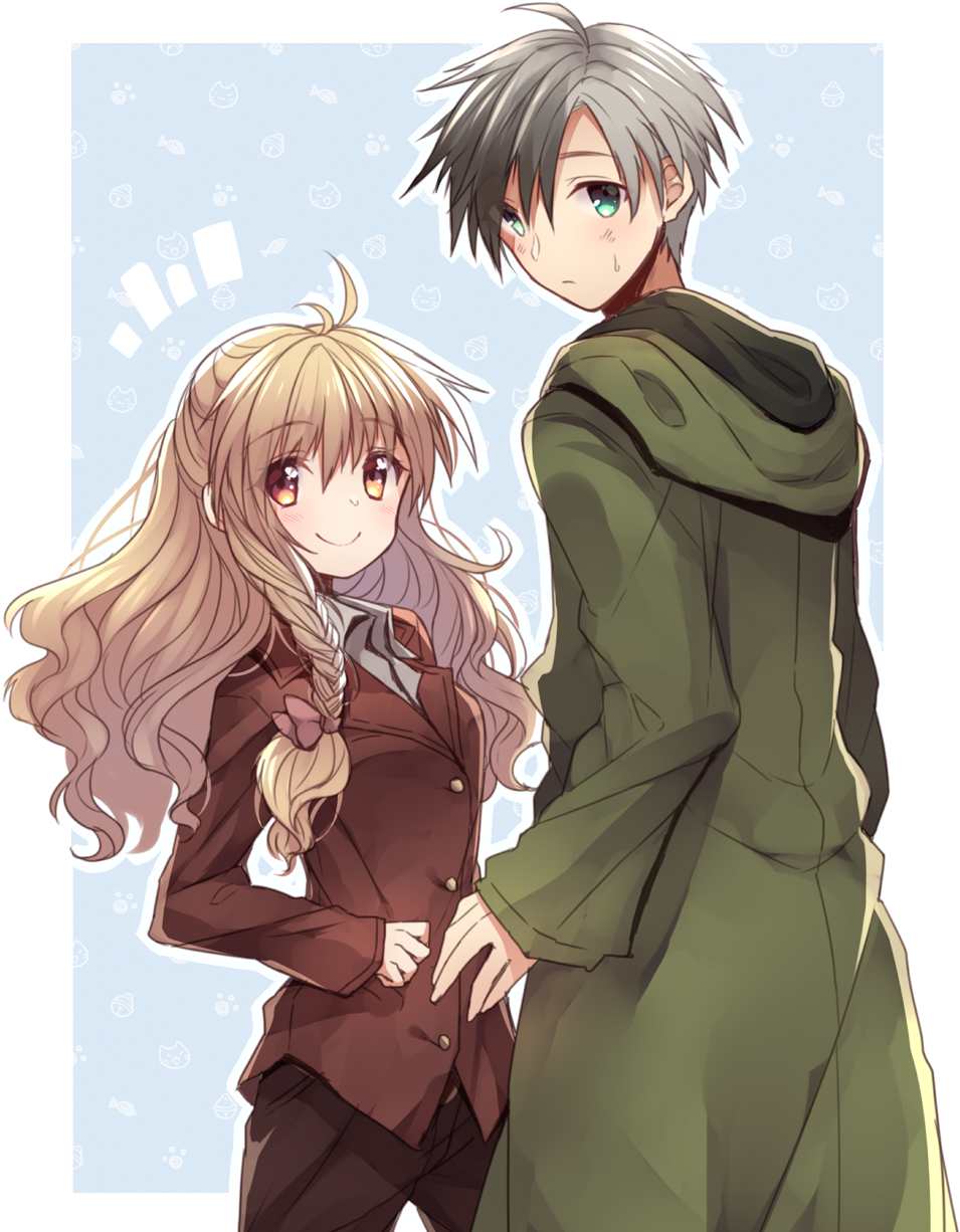 1boy 1girl ahoge asymmetrical_bangs blonde_hair blue_background border bow braid brown_pants buttons character_request closed_mouth coat collared_shirt commentary_request copyright_request cowboy_shot dirty dirty_face green_coat green_eyes green_hood green_sleeves grey_hair grey_shirt hair_bow height_difference highres hood hood_down hooded_coat jacket light_blush light_frown long_hair long_sleeves looking_at_viewer looking_back multicolored_hair notice_lines outline outside_border pants patterned_background paw_print red_bow red_jacket red_sleeves shirt short_hair simple_background single_braid sleeves_past_wrists smile sweatdrop transparent_border two-tone_hair usamata wavy_hair white_outline yellow_eyes