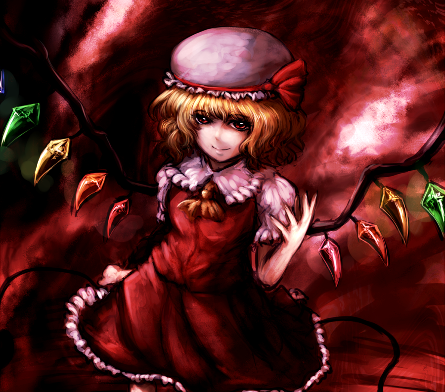 1girl ascot blonde_hair closed_mouth cowboy_shot flandre_scarlet frilled_skirt frills hat hat_ribbon kenchou_(norihisade0423) light_smile looking_at_viewer medium_hair multicolored_wings puffy_short_sleeves puffy_sleeves red_background red_eyes red_ribbon red_skirt red_theme red_vest ribbon short_sleeves skirt solo touhou vest white_hat wings yellow_ascot