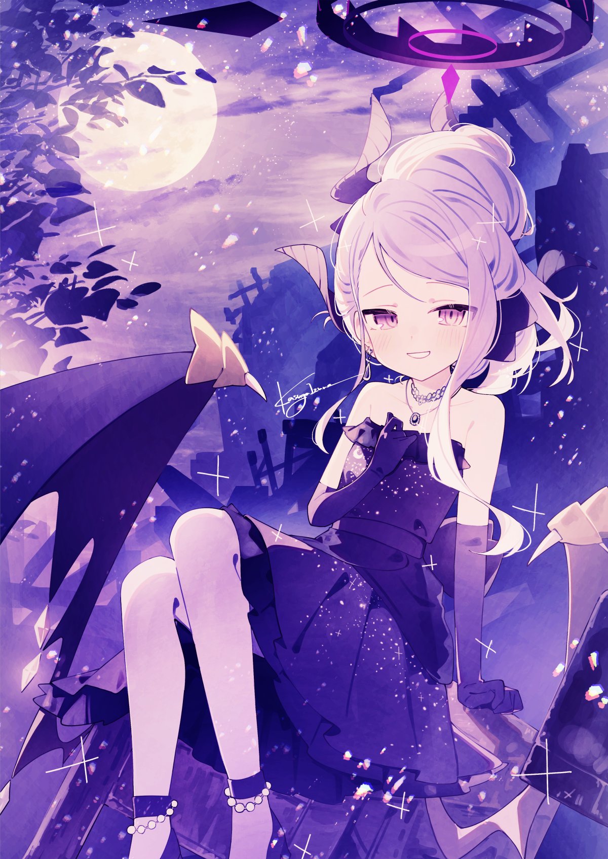 1girl blue_archive blush demon_girl demon_horns demon_wings dress elbow_gloves full_moon gloves halo highres hina_(blue_archive) hina_(dress)_(blue_archive) horns kasuga_haruhi knees_up light_particles looking_at_viewer low_wings moon official_alternate_costume official_alternate_hairstyle outdoors purple_dress purple_gloves purple_halo purple_sky purple_theme sidelocks sky smile solo strapless strapless_dress swept_bangs violet_eyes wings