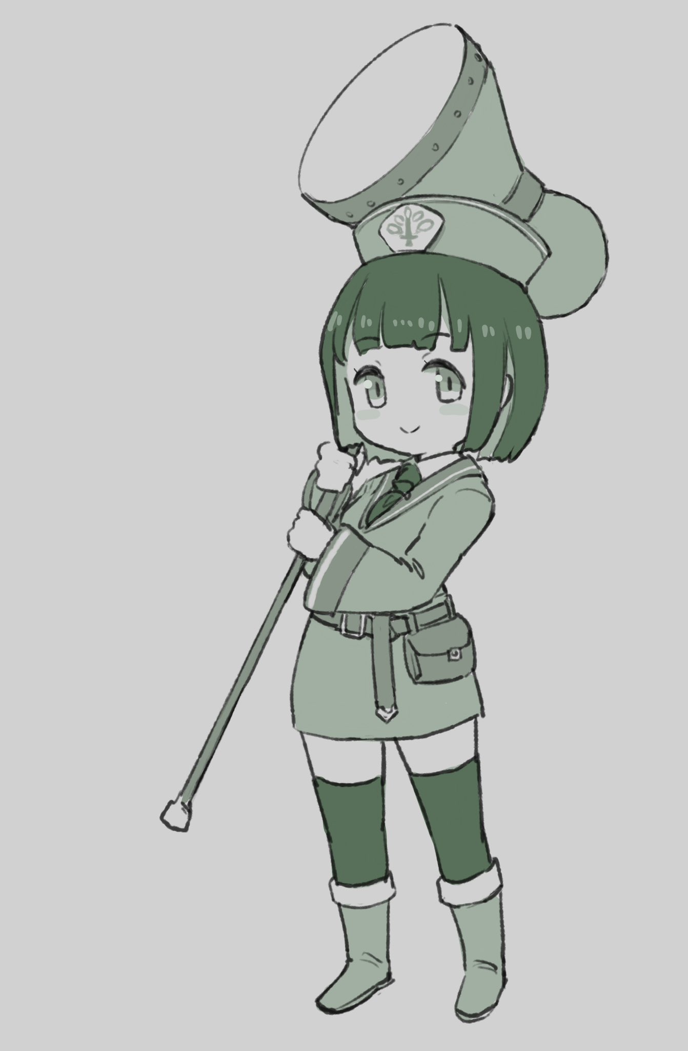 1girl alternate_costume belt belt_pouch blush_stickers boots closed_mouth dress full_body green_theme grey_background hammer highres holding holding_hammer kimutomo_2 knee_boots kyoumachi_seika long_sleeves looking_at_viewer monochrome necktie over_shoulder pillbox_hat pouch short_dress short_hair simple_background smile solo standing thigh-highs two-handed voiceroid war_hammer weapon weapon_over_shoulder