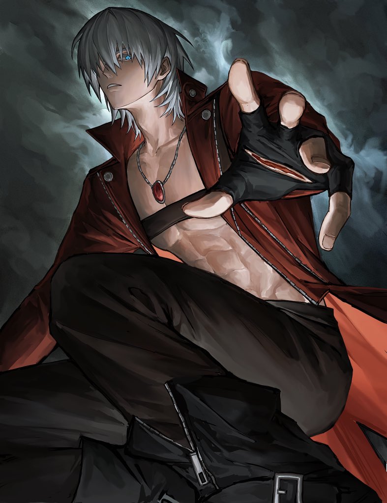 1boy belt_bra blue_eyes bonley clouds cloudy_sky coat dante_(devil_may_cry) devil_may_cry_(series) devil_may_cry_3 fingerless_gloves gloves hair_over_one_eye holding jacket long_hair looking_at_viewer male_focus red_coat sky solo white_hair