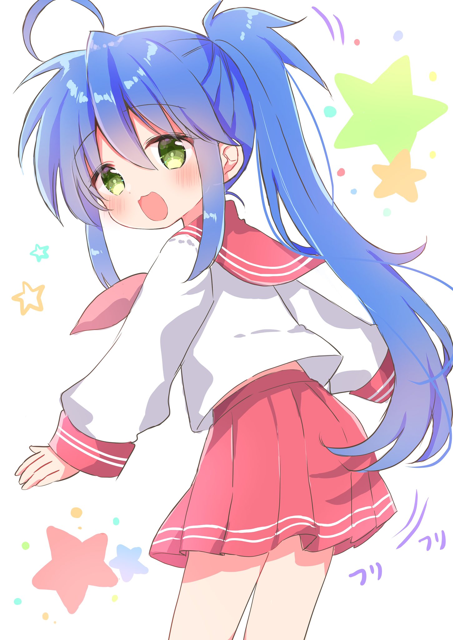 1girl :3 :d ahoge alternate_hairstyle blue_hair blush bright_pupils collared_shirt commentary_request from_behind green_eyes hair_between_eyes happy highres izumi_konata long_hair long_sleeves looking_at_viewer looking_back lucky_star miniskirt motion_lines nanami_ayane_(kusunoki5050) open_mouth outstretched_arms pleated_skirt ponytail red_sailor_collar red_skirt sailor_collar school_uniform serafuku shirt sidelocks simple_background skirt smile solo sound_effects spiky_hair star_(symbol) very_long_hair white_background white_shirt