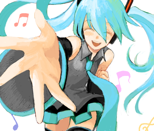 :d bad_drawr_id bad_id bare_shoulders beamed_eighth_notes black_skirt black_thighhighs blue_hair blue_necktie closed_eyes detached_sleeves eighth_note facing_viewer foreshortening grey_shirt hair_between_eyes hatsune_miku long_hair michi_ta_(masquerade) musical_note necktie oekaki open_hand open_mouth reaching reaching_towards_viewer shirt simple_background skirt sleeveless sleeveless_shirt smile teeth thigh-highs treble_clef twintails upper_teeth_only vocaloid white_background zettai_ryouiki