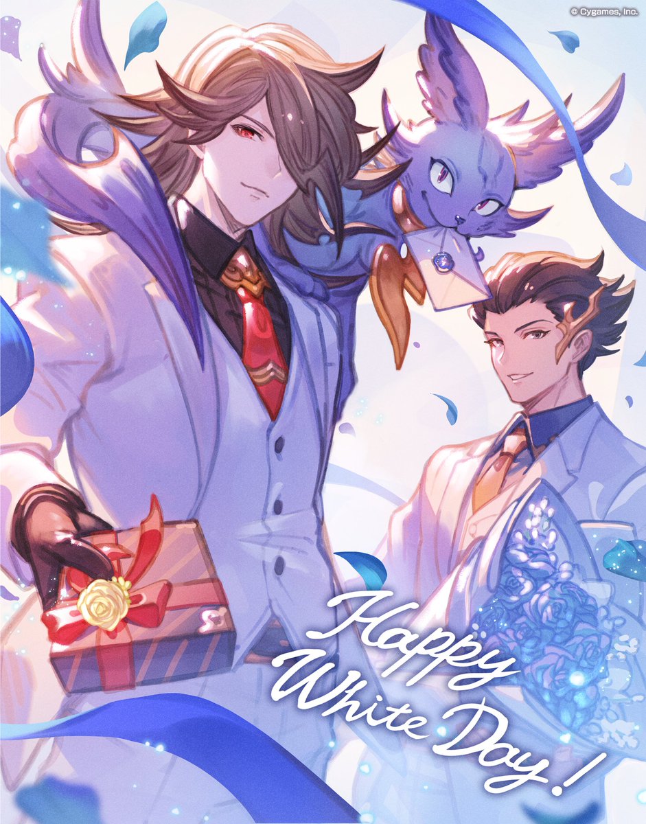 1other 2boys arm_up baal_(granblue_fantasy) bishounen black_gloves black_hair blue_flower blue_rose bouquet cat commentary commentary_request english_text falling_petals flower gloves granblue_fantasy grey_eyes hair_ornament hair_over_one_eye highres holding holding_bouquet incoming_gift letter light_smile logo long_hair looking_at_viewer male_focus messy_hair minaba_hideo multiple_boys nezha_(granblue_fantasy) official_art petals reaching reaching_towards_viewer red_eyes rose short_hair smile suit white_background white_day white_suit
