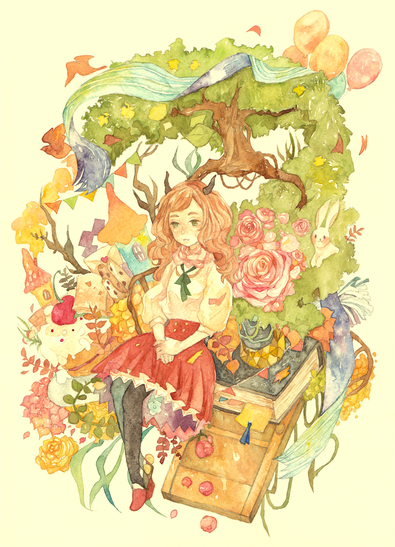 1girl apple balloon black_pantyhose book branch brown_hair fish flower food fruit green_eyes horns leaf long_hair love_letter open_book original oversized_object painting_(medium) pantyhose parted_lips pink_flower pink_rose rabbit red_flower red_footwear red_rose red_skirt ribbon rose shirt shoes sitting skirt smile solo traditional_media tree urawaa watercolor_(medium) yellow_flower yellow_rose