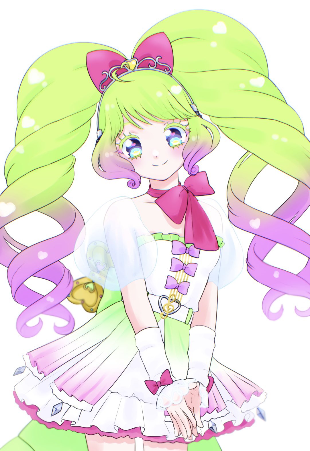 1girl blue_eyes bow choki2crab closed_mouth cowboy_shot detached_sleeves dress frilled_dress frills gradient_hair green_hair hair_bow highres idol_clothes laalulu long_hair looking_at_viewer multicolored_hair own_hands_together pink_bow pink_hair pretty_series pripara puffy_short_sleeves puffy_sleeves see-through see-through_sleeves short_sleeves smile solo standing treble_clef twintails white_background white_dress winding_key
