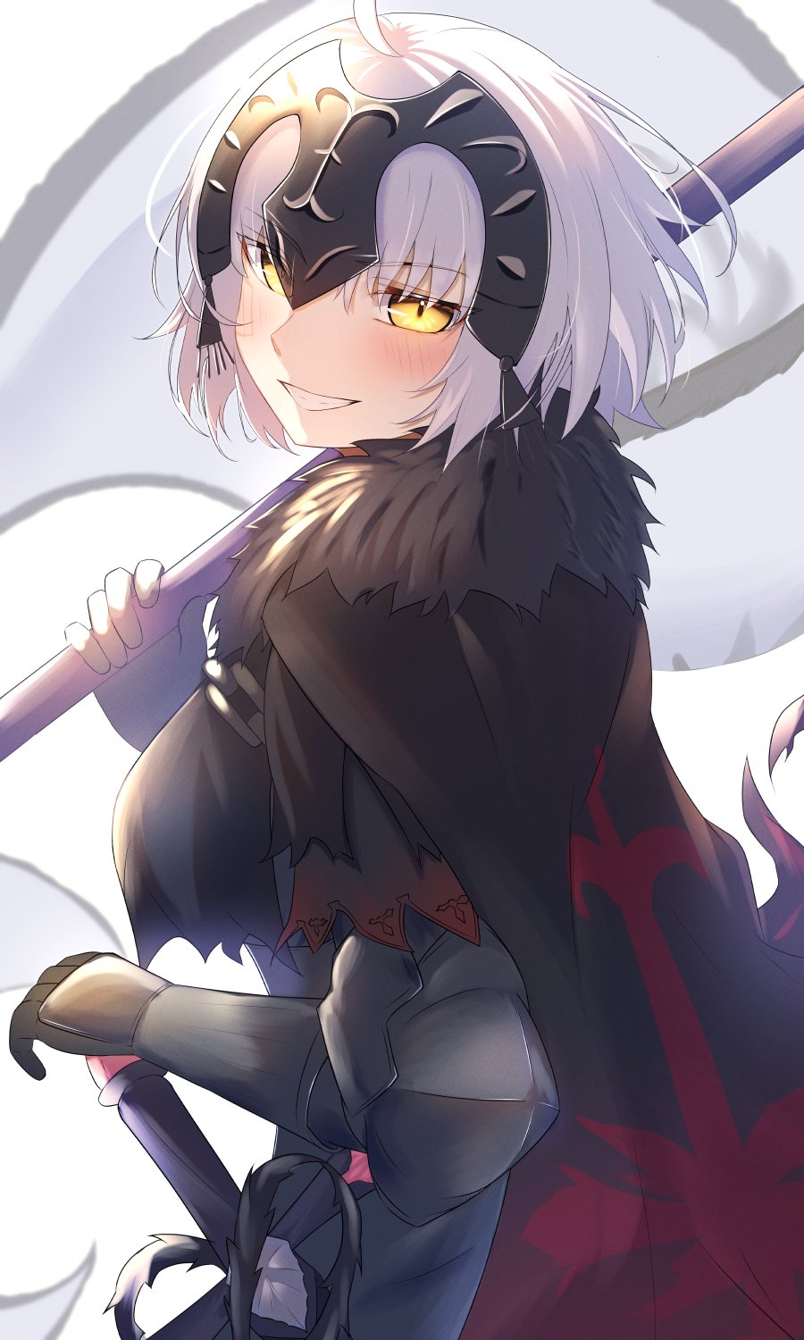 1girl ahoge armor armored_dress black_dress black_thighhighs blush breasts cape chain dress fate/grand_order fate_(series) fur_trim gauntlets headpiece highres holding jeanne_d'arc_alter_(avenger)_(fate) jeanne_d'arc_alter_(avenger)_(first_ascension)_(fate) jeanne_d'arc_alter_(fate) large_breasts looking_at_viewer short_hair smile solo sword thigh-highs umi_endu weapon white_hair yellow_eyes