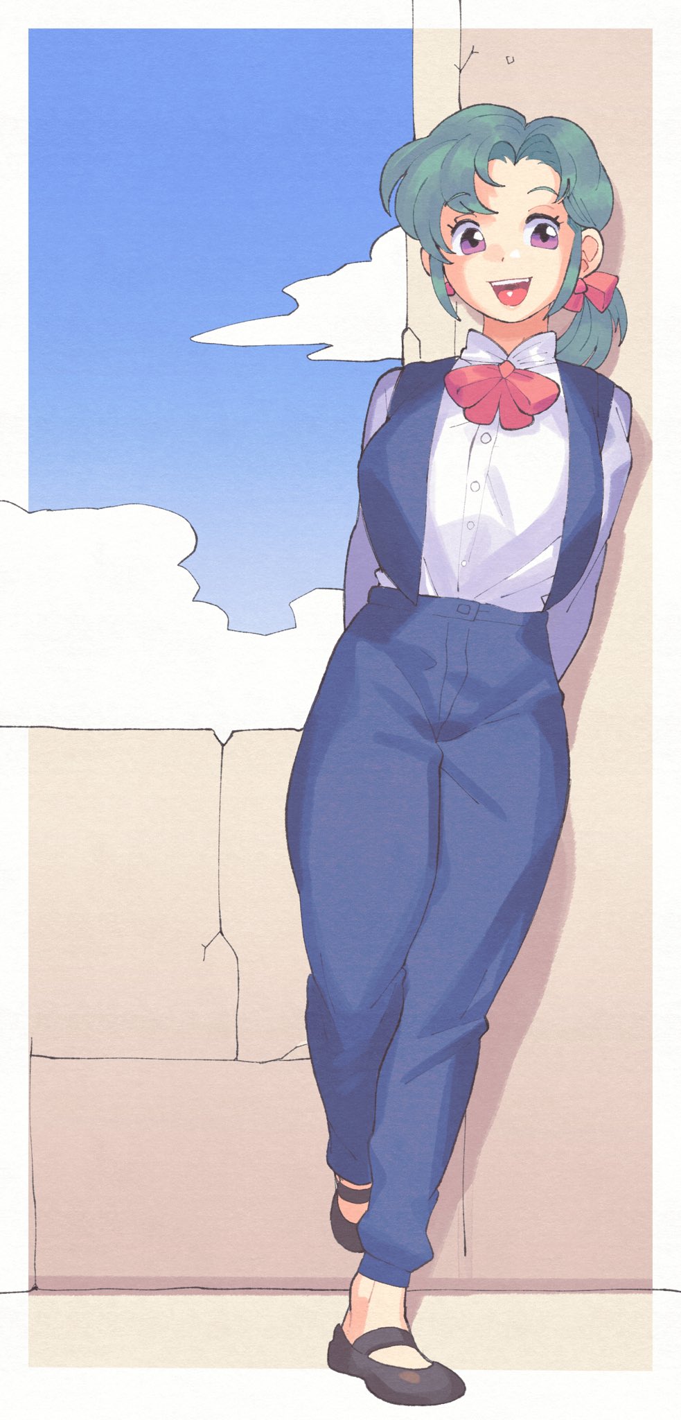 1girl :d against_wall arms_behind_back blue_pants blue_sky border bow bowtie clouds commentary commission english_commentary green_hair hatsuseno_alpha highres inkerton-kun medium_hair open_mouth outdoors outside_border pants ponytail red_bow red_bowtie second-party_source sky smile solo teeth upper_teeth_only violet_eyes white_border yokohama_kaidashi_kikou