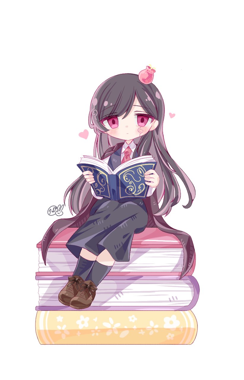 1girl black_socks book brown_footwear collared_shirt facial_mark highres holding holding_book long_hair looking_at_viewer mashle necktie red_eyes red_necktie rippi_(k1fqp0s3mhqid55) shirt sitting socks solo sophina_biblia